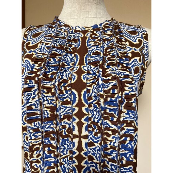 Tory Burch Carolinna Brown Silk Sleeveless Tuxedo Blouse Pleated Ruffle Front - Picture 6 of 10